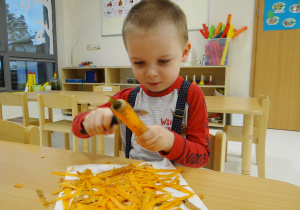 Zadowolony Mariuszek siedzi przy stoliku i obiera marchewkę.